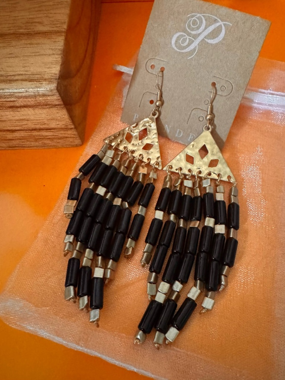 Plunder Design Simon Earrings Black & Gold Tone Beads New in Package + Pouch